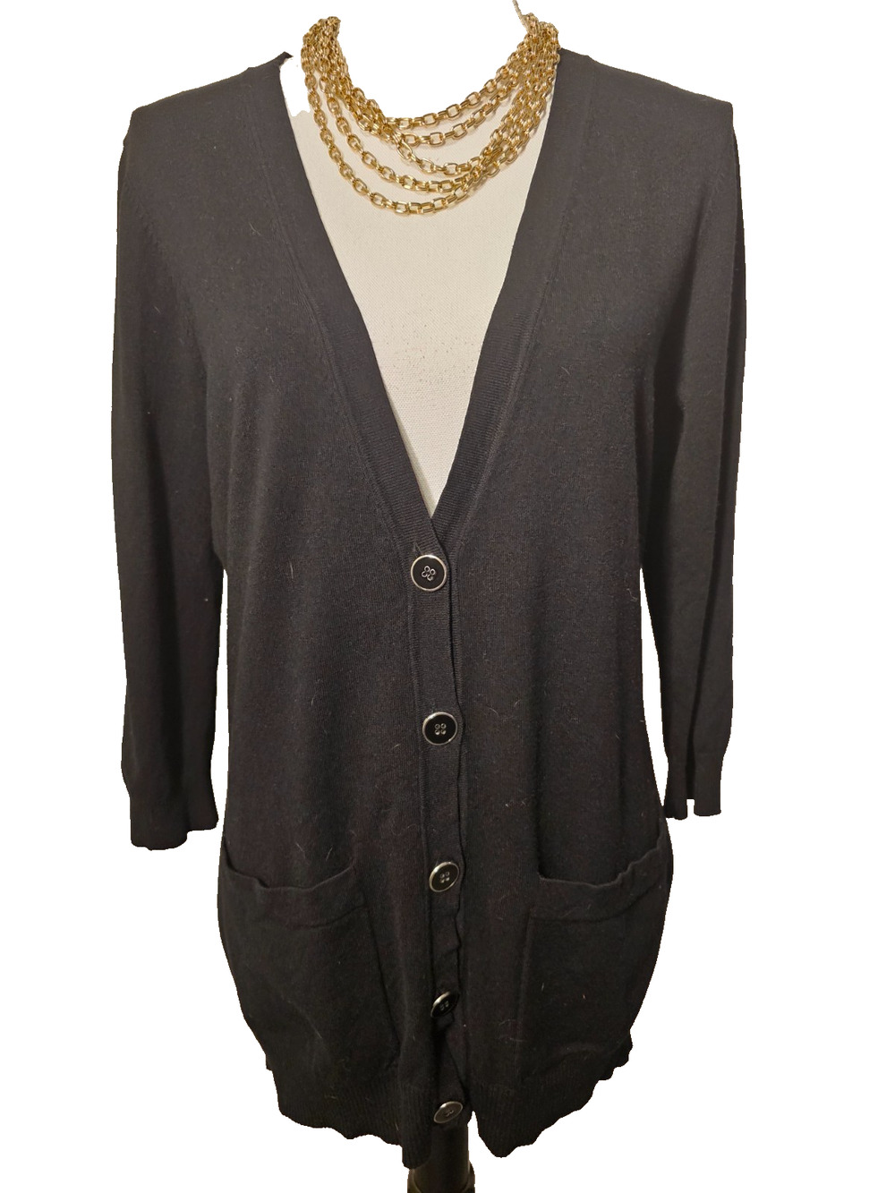 Cache Womens Cardigan Black Button Down V Neck Viscose Nylon Large 3/4 Sleeve